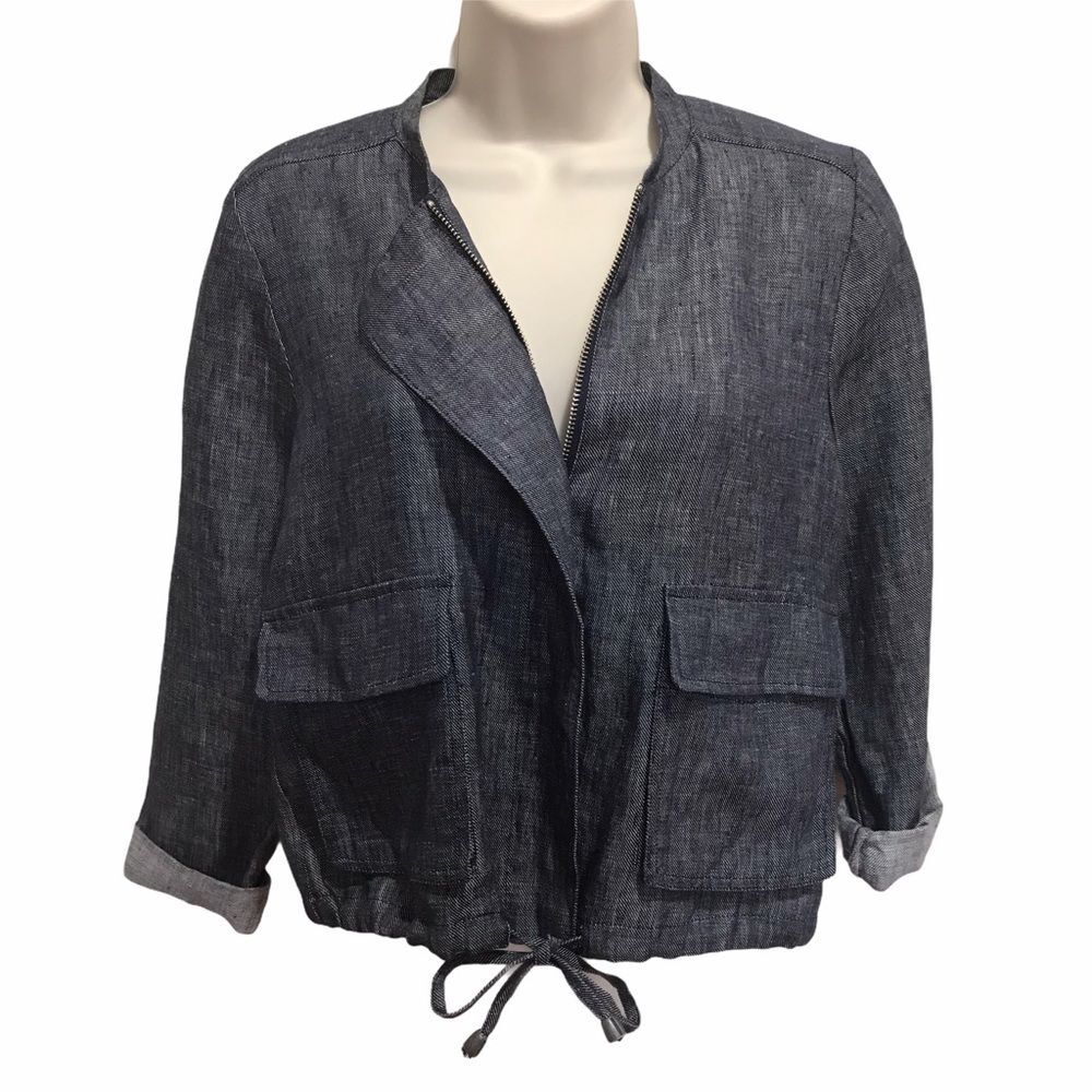 Halogen LINEN Zippered Bomber Jacket Blue Sz XSP